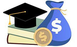 Drawing of graduation cap and bag of money representing tuition